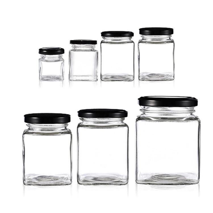 Custom Clear Food Storage Glass Honey Square Glass Jar with Metal Lids