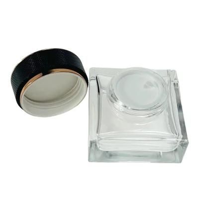Luxury Cosmetic Jar Face Cream Container 30g 50g Squary Clear Square Glass Cosmetic Jar Black and Gold Cosmetic Bottle