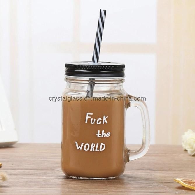 15oz Cold Drink Glass Cup with Handle Retro Mason Cup Creative Milk Tea Cup Rooster Cup Juice Glass Mug with Straw