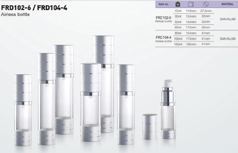 Factory Price Alumium Technology Airless Bottles Silver Color Lotion Cosmetic Bottles for Skin Care