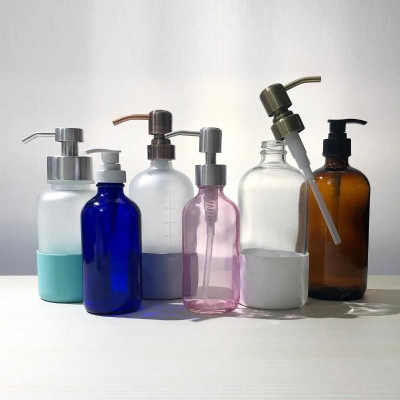 Topsale 500 Ml 16oz Amber Boston Shampoo Bath Lotion Alcohol Liquid Glass Dispenser Soap Pump Bottle