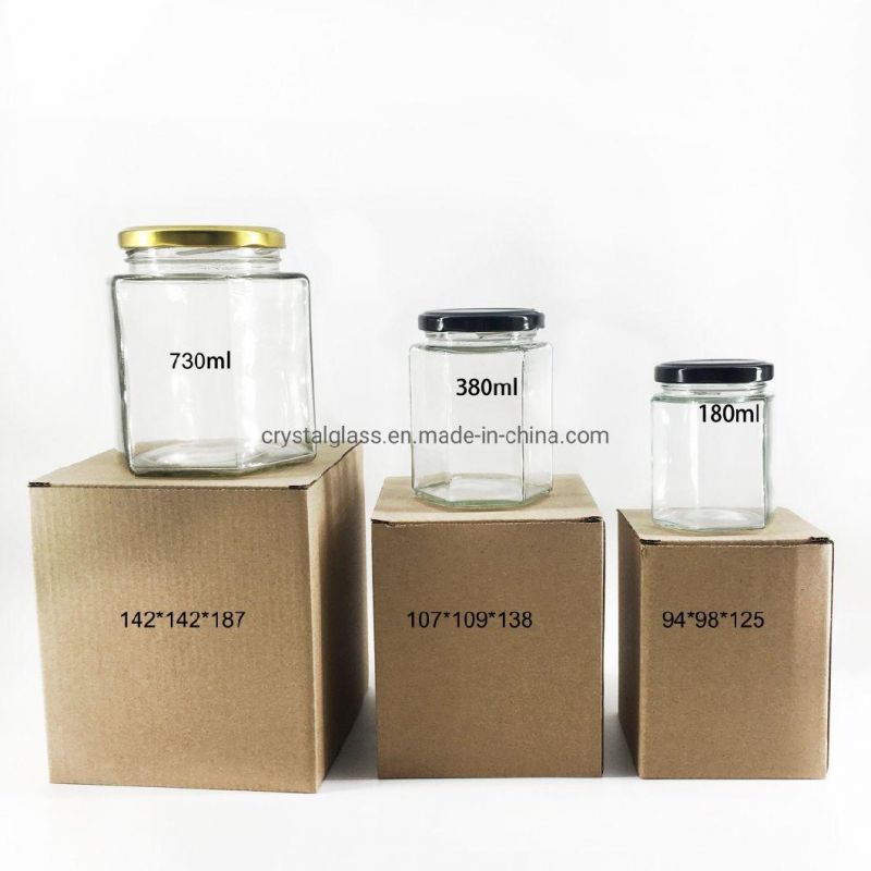 730ml 380ml 180ml Hexagonal Glass Jam and Honey Bottles& Jar with Tin Lid