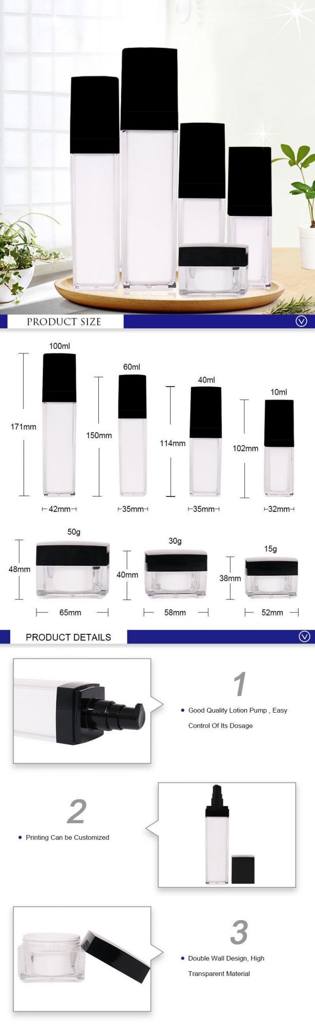 Luxury Manufacture Cosmetic Packaging Square 10ml 40ml 60ml 100ml Acrylic Lotion Serum Bottle 15g 30g 50g Facial Cream Jar