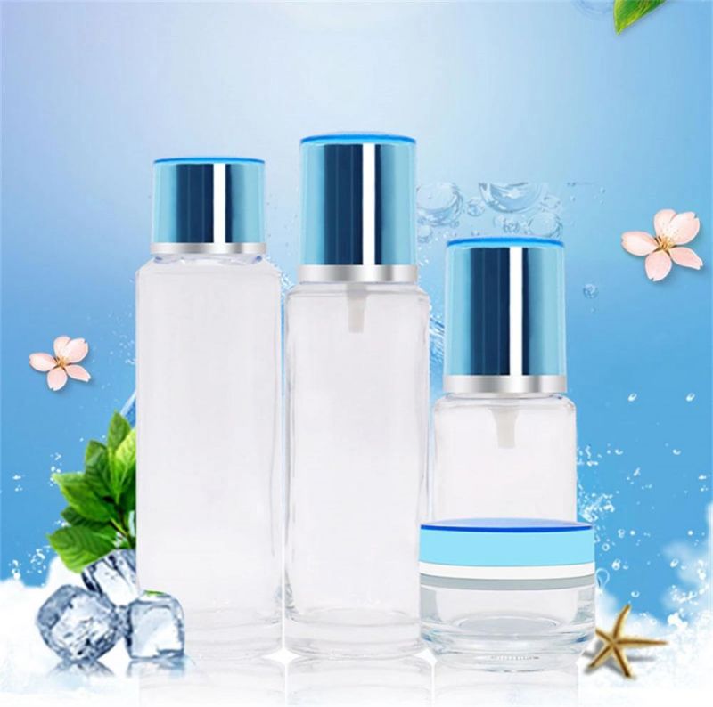 Cosmetic Packaging 45ml 100ml 125ml Clear Lotion Bottles with Blue Plating Pump