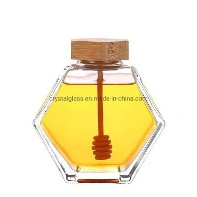 380ml 12oz Bamboo Cover Empty Hexagon Natural Royal Honey Container Glass Honey Jar with Muddler