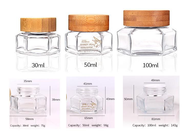 50g Hexagonal Glass Jar for Facial Collagen Mask Face Cream Cosmetic Jar with Bamboo Lid