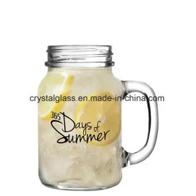 Custom Logo Embossed Glass Mason Jar with Handle for Tea Drinking Bottle