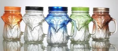480ml Unique Design Fox Shape Glass Beverage Mugs Mason Jar with Handle and Lid