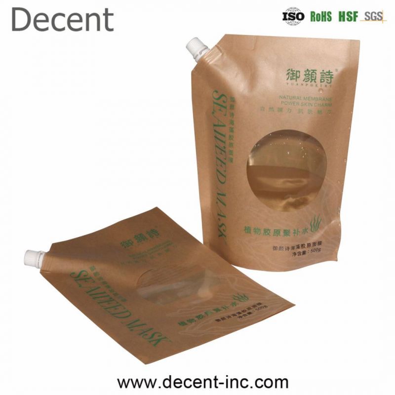 Decent Custom Biodegradable Special Kraft Paper Bags Shampoo Seaweed Mask Laundry Bag with Plastic Nozzle Window Spout Pouch