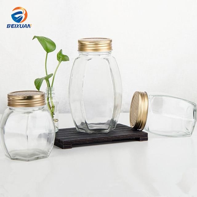 730ml Hexagonal Clear Glass Honey Jar Glass Bottle with Tinplate Cover