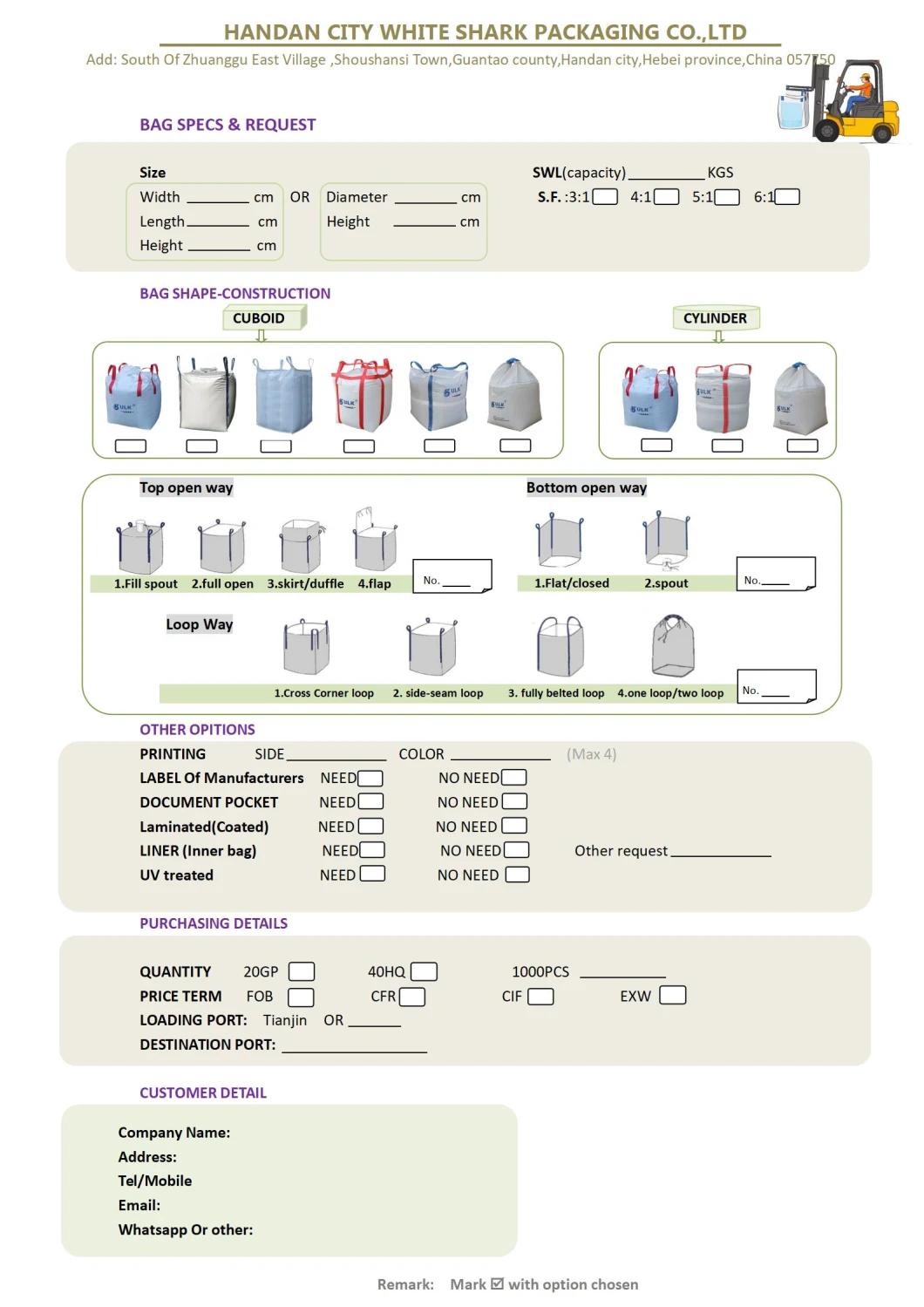 Wholesale 1000kg Waterproof Virgin PP FIBC Bulk Bag for Sand/ Cement 1 Ton Baffled Jumbo Big Bag