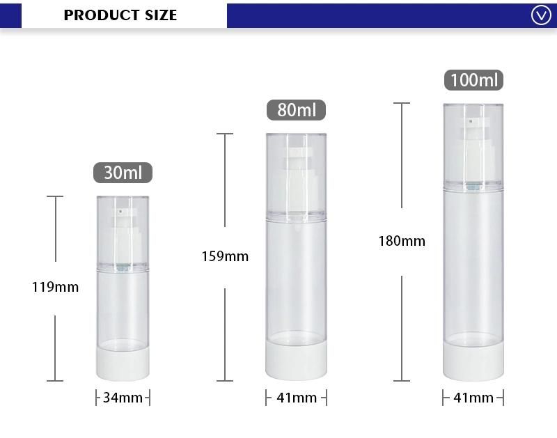 Factory Supply Plastic Empty 30ml, 80ml, 100ml Luxury Airless Spray Pump Bottle