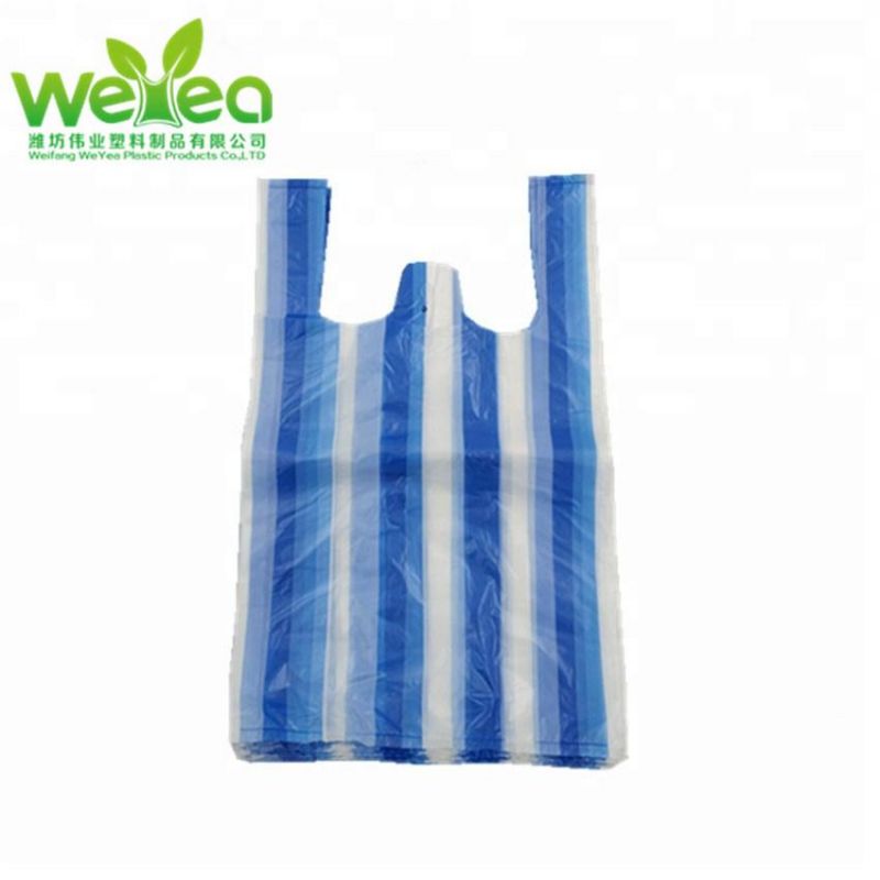 Cheap Biodegradable White&Blue Stripped T Shirt Bags Plastic Products