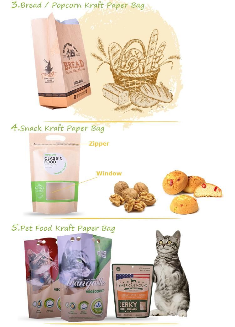 Eco-Friendly Food Grade Compostable Stand up Kraft Paper Bag for Snack, Coffee, Tea, Nuts, Flour