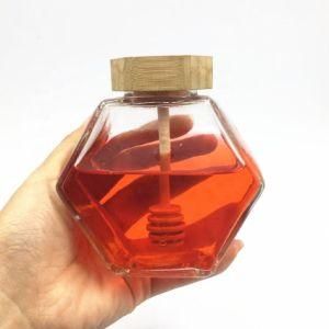 Hexagonal Shaped Empty Glass Honey Jar 220ml 300g 380ml 500g Crystal Honey Jam Food Packing Storage Jar with Wood Lid