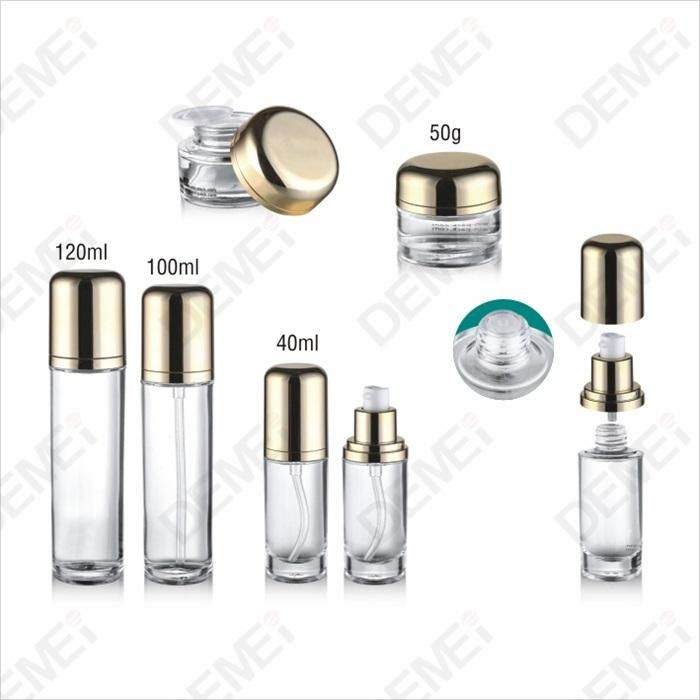 40/100/120ml 50g Cosmetic Skin Care Packaging Clear Toner Lotion Glass Bottle and Cream Jar with Gold ABS Cap