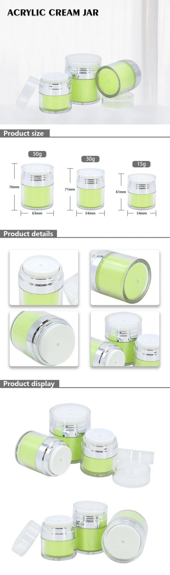 Luxury 15g 30g 50g Cosmetic Packaging Acrylic Plastic Bottle Container Facial Cream Airless Jar