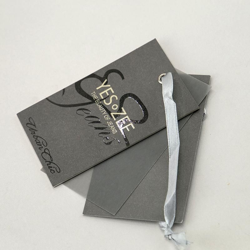 Black Three Layers 1mm 1000grm Thick Paper Hang Tag with Ribbon and Eyelet