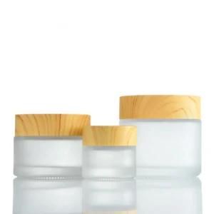 Glass Cosmetic Packaging Jars 50g 100g Empty White Matt Frosted Wooden Bamboo Lid Cap Glass Cosmetic Jars