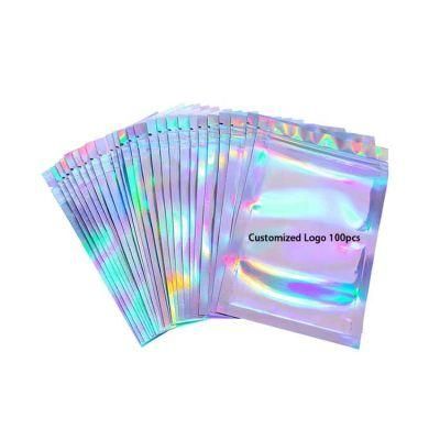 Smell Proof Food Storage Clear Front Packaging Hologram Holographic Rainbow Color Resealable Ziplock Zipper Mylar Bags