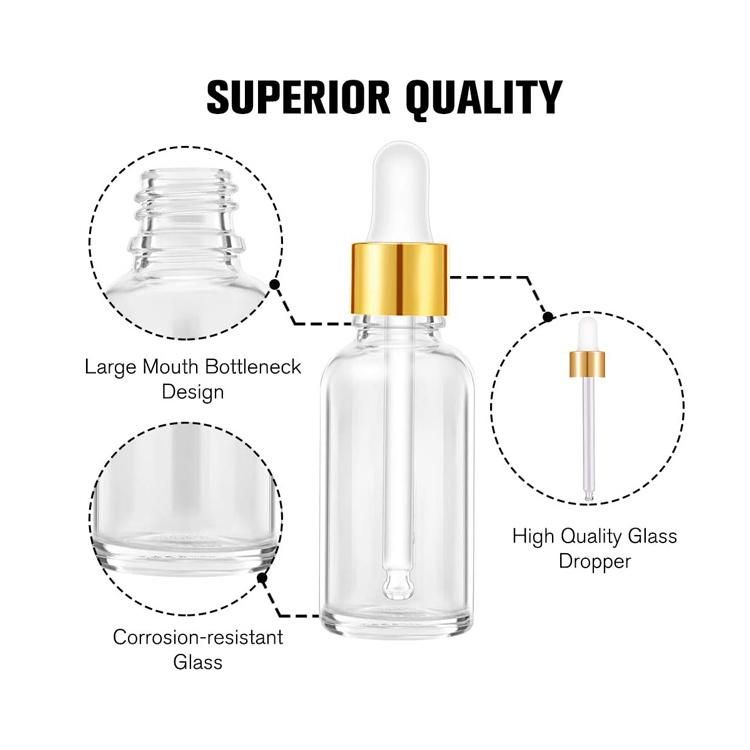 20ml 30ml 50ml 100ml Essential Oil Serum Flat Shoulder Frosted Clear Glass Dropper Bottle with Pipette