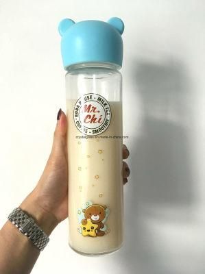 550ml Printing Round Beverage Glass Bottle with Color Bear Plastic Cap 18oz
