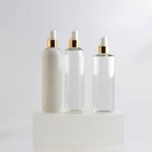 400ml Pet Plastic Boston Round Cosmetic Mist Spray Bottle with Gold and Silver Sprayer