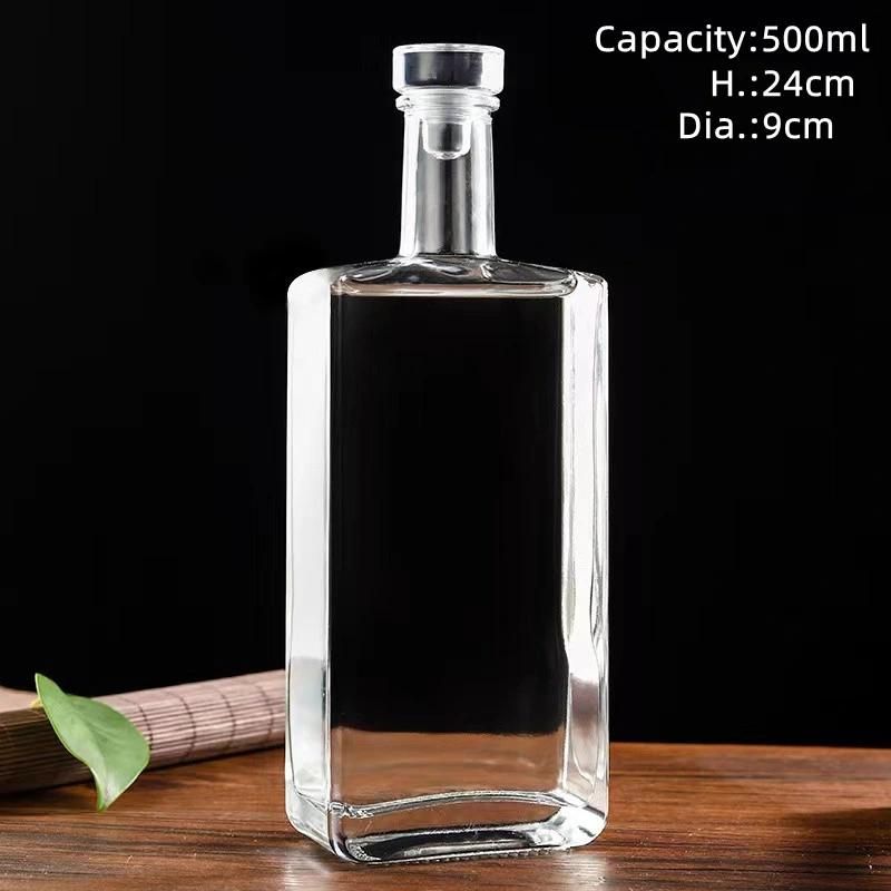 Square 100ml 200ml 500ml Glass Spirit Bottle with Rubber Stopper for Beverage