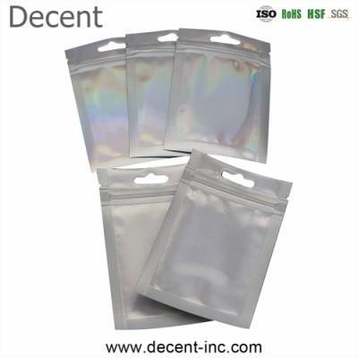 Transparent Clear Iridescent Front Silver Backed Aluminized Plastic Packaging Bags Mylar Ziplock Holographic Laser Bag for Makeup/Cosmetic