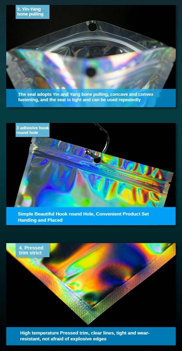 Holographic Rainbow Flat Clear Ziplock Food Storage Bags Plastic Packaging Foil Bags
