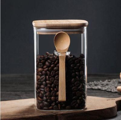 1000ml Square Glass Packing Jar with Wooden Lid Wooden Spoon