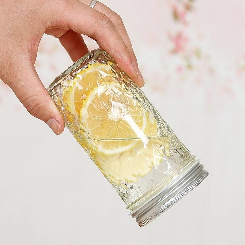 Empty Cone Shape Engraved Clear Glass Jam Honey Pickle Mason Jar with Sealed Lid