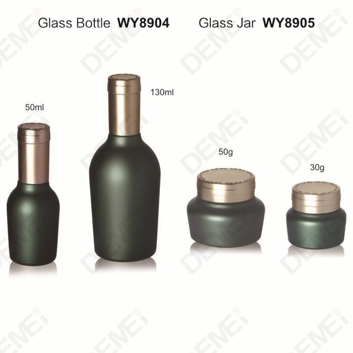 50/130ml 30/50g Cosmetic Skin Care Packaging Green Red Wine Shape Toner Lotion Glass Bottle and Cream Jar with Black Slim Cap