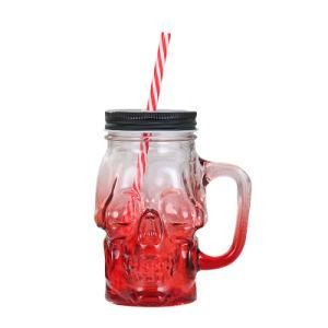 Skull Head Empty Colorful Glass Mason Jar with Handle and Metal Lid 500ml 16oz Glass Juice Milk Coffee Tea Jar