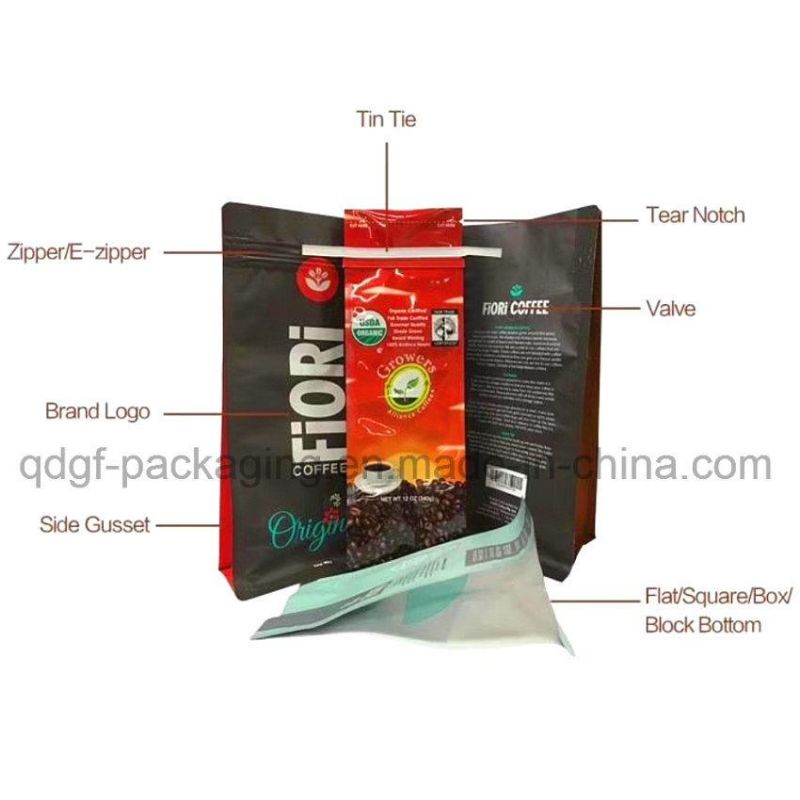Gold Flexible Printing Plastic Bag for Coffee Packaging/Flat-Bottom Packaging Bag with Zipper