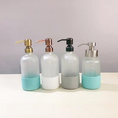 500ml Frosted Boston Round Hand Sanitizer Shampoo Dispenser Soap Pump Glass Bottle with Silicone Sleeve