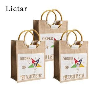 Custom Print Jute Promotional Round Wooden Handle Shopping Tote Bag