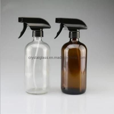 250ml 500ml Amber or Clear Glass Bottle Boston Round Bottle with Mist Sprayer for Disinfectant Packing