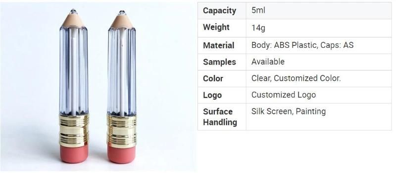 Custom 5ml Mini Pencil Shaped Empty Transparent Lip Gloss Container Lip Gloss Tube with Brush Wand