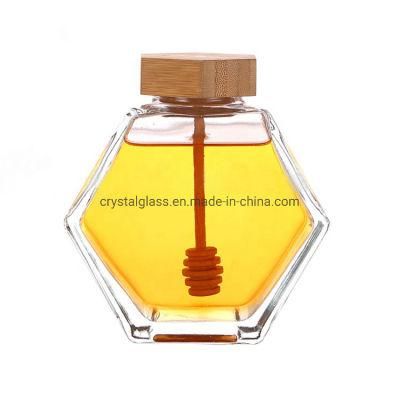 Hot Sale Bee Honey Packaging Bottle 220ml Clear Flat Hexagon Glass Jar with Muddler