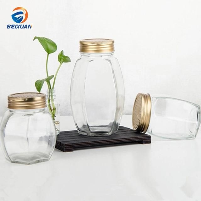 380ml Hexagonal Clear Glass Honey Jar Glass Bottle with Tinplate Cover