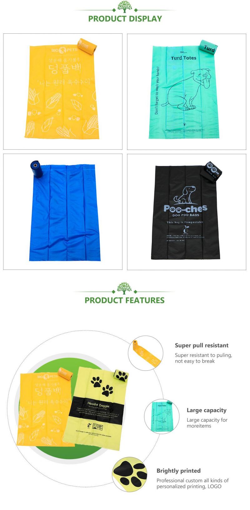 PLA+Pbat/Pbat+Corn Starch Biodegradable Bags, Compostable Bags, Dog Pet Poop Bags, Waste Bags with Customized Printing Logo