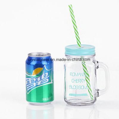 China Factory Wholesale 16oz Beverage Frosted Colours Glass Mason Jar with Handle