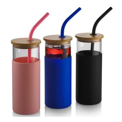 BPA Free Silicone Protective Sleeve Glass Tumbler Water Cup Glass with Bamboo Lid and Straw