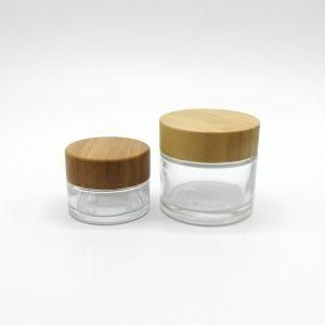 Custom Cosmetic Packaging 2 Oz 4 Oz 8 Oz 16 Oz Screw Top Straight Sided Bamboo Cosmetic Glass Jars with Bamboo Lids