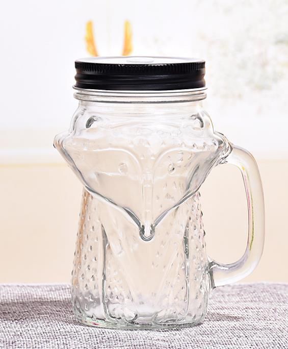 480ml Unique Design Fox Shape Glass Beverage Mugs Mason Jar with Handle and Lid