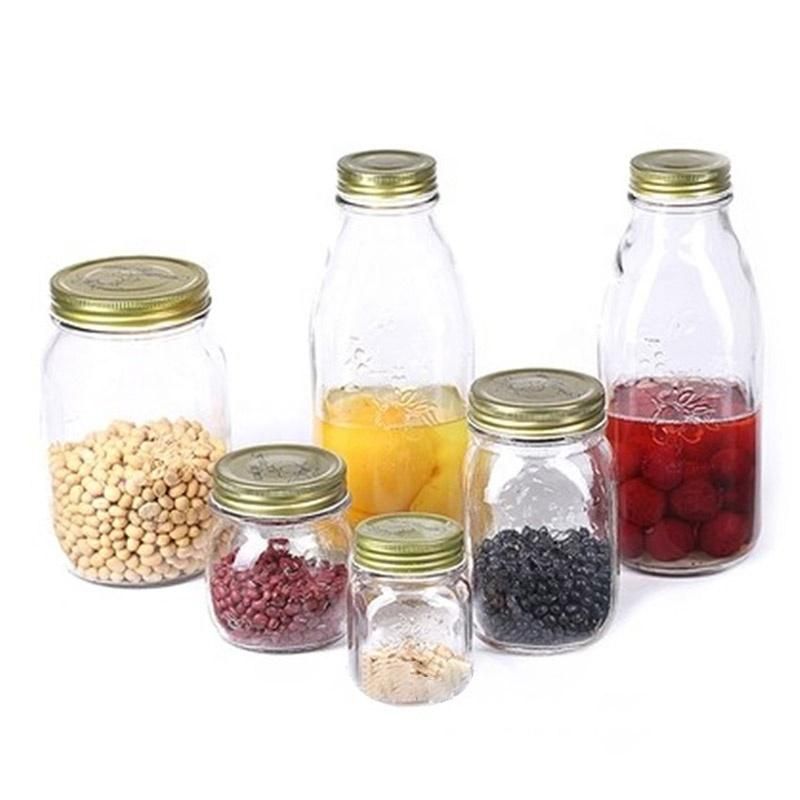 150ml 300ml 500ml 1000ml Round Shape Clear Carved Storage Glass Mason Jar with Gold Color Screw Lid