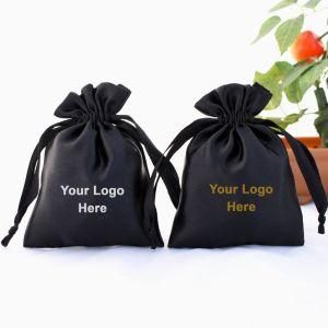 Natural Custom Logo Black Satin Customizable Favor Bags Drawstring Jewelry Pouch Coin Purse